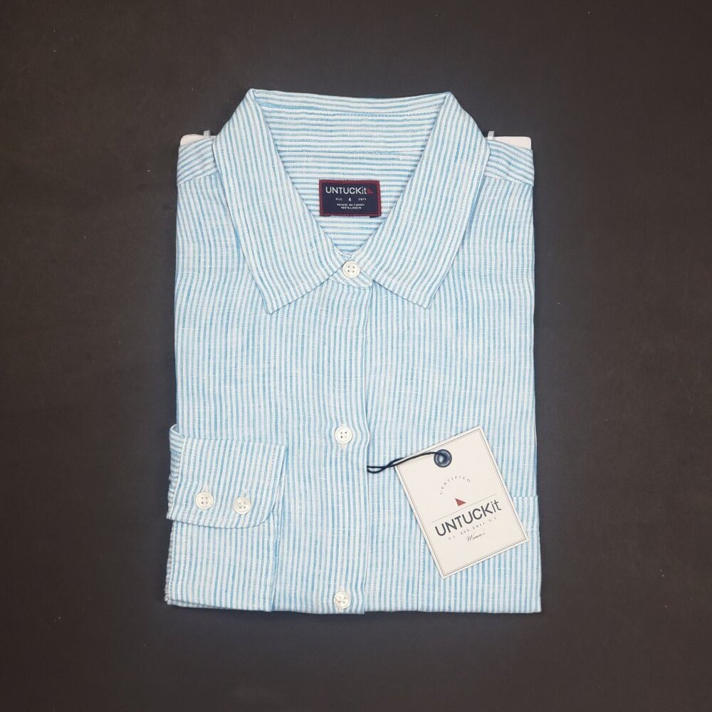 UNTUCKit Sherry Linen LS Shirt Womens Size 4 Light Turquoise Blue & White Stripe - Picture 14 of 15